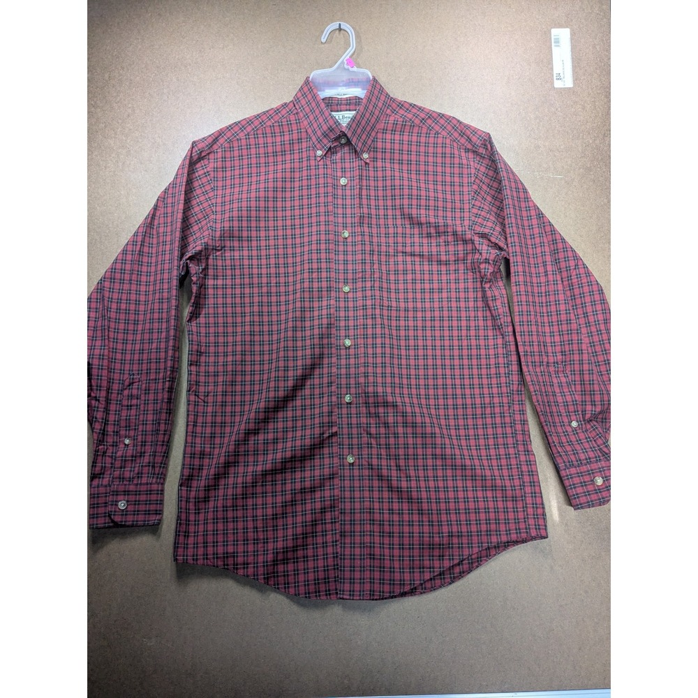 LL Bean Mens Small Regular Red Plaid Wrinkle Resistant Cotton Button Down Shirt